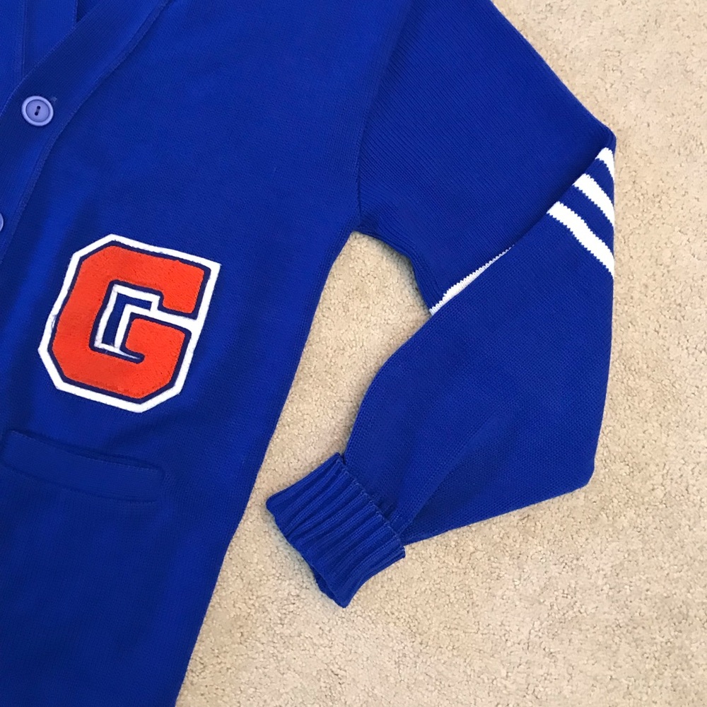 Vintage 80s Letterman Sweater Cardigan Mens Medium Royal Blue Letter G Pockets - Picture 7 of 11